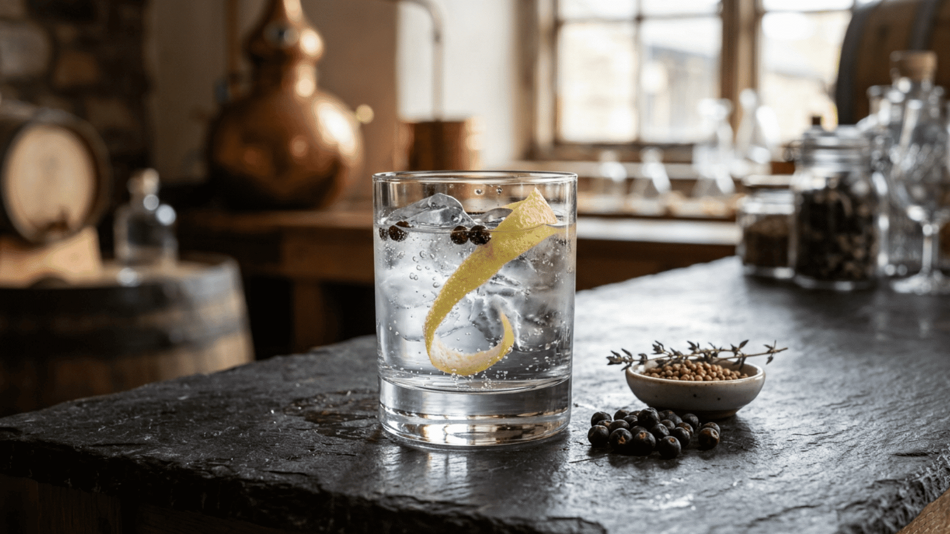 london dry gin cocktail in a glass with ice, lemon peel, and juniper berries