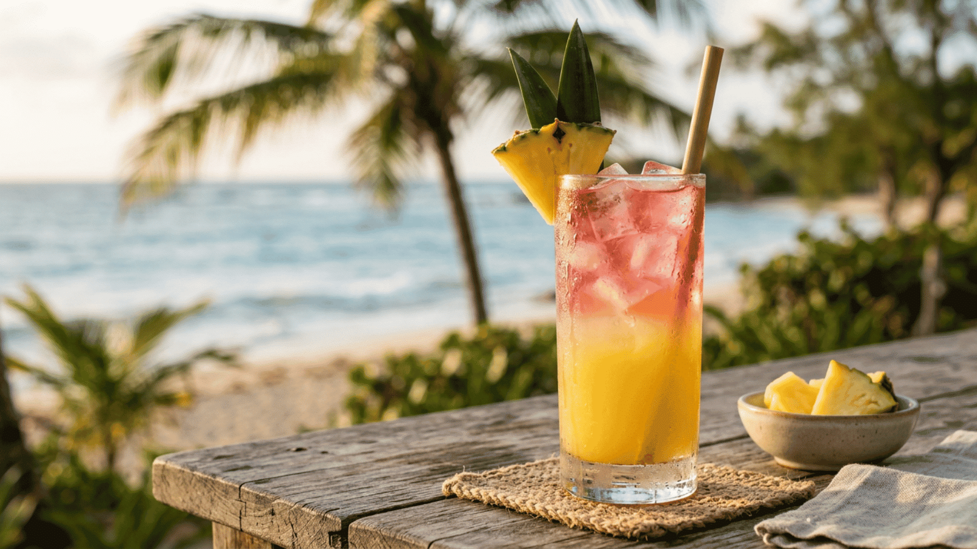 Malibu Bay Breeze with pineapple garnish served on a rustic beachside table overlooking the ocean.