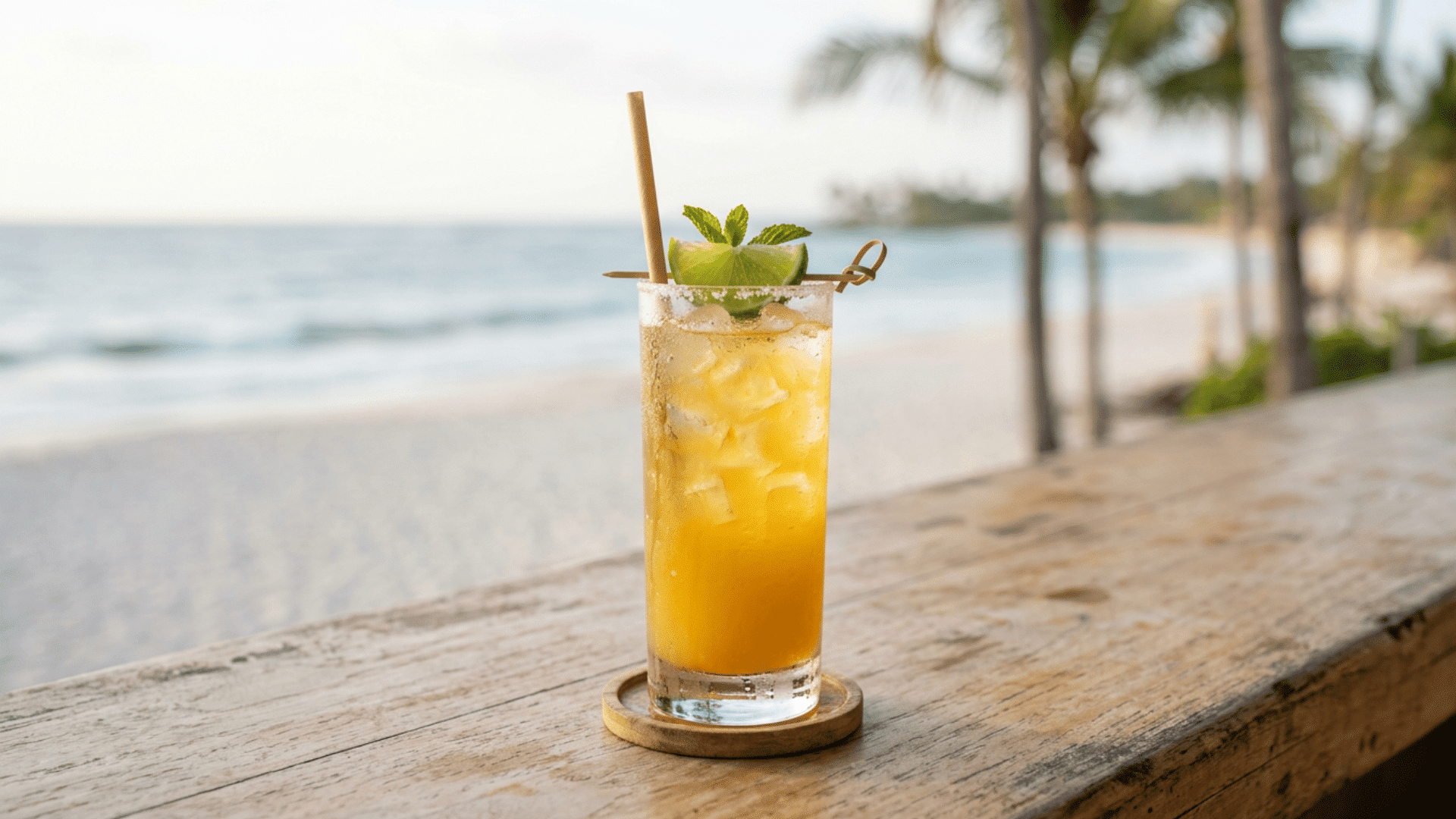 Malibu pineapple drink with ice and lime garnish on a clean tropical bar.