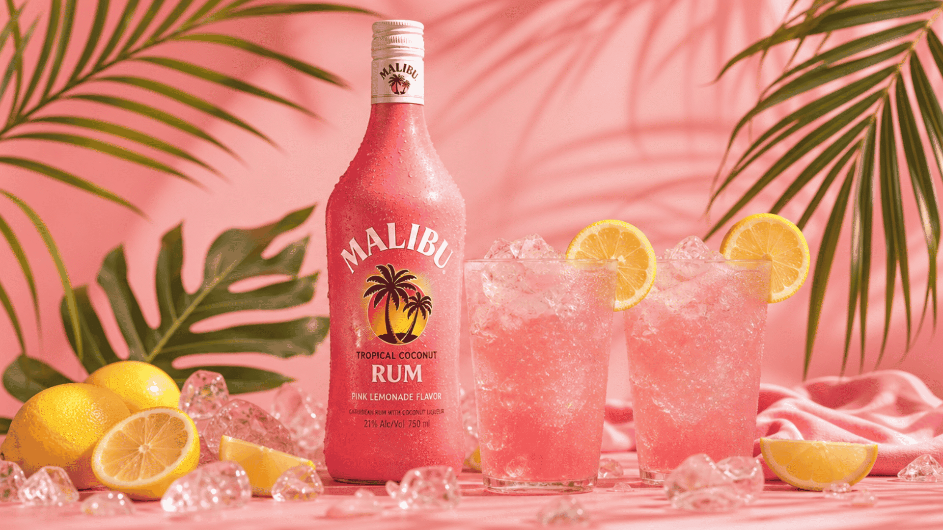 malibu pink rum bottle with two iced pink cocktails, fresh lemons, and tropical leaves.