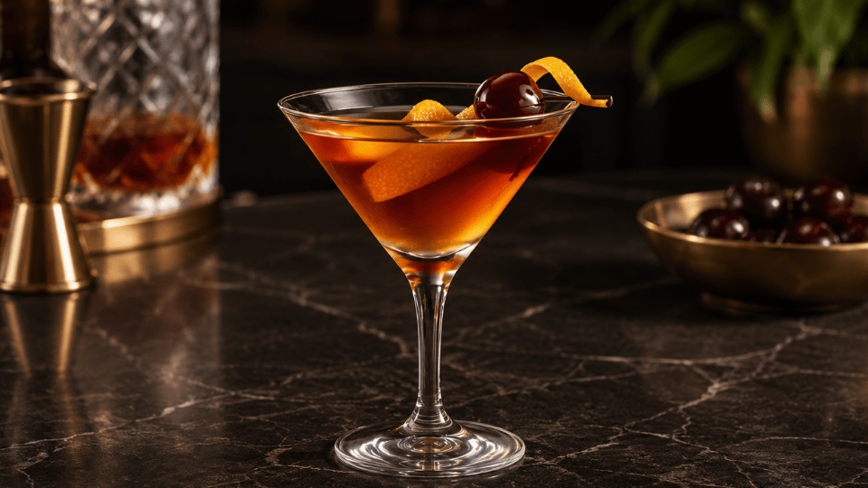 classic manhattan cocktail in a coupe glass on a wooden bar