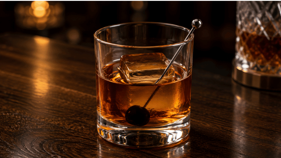 manhattan cocktail on the rocks with a large ice cube and cherry