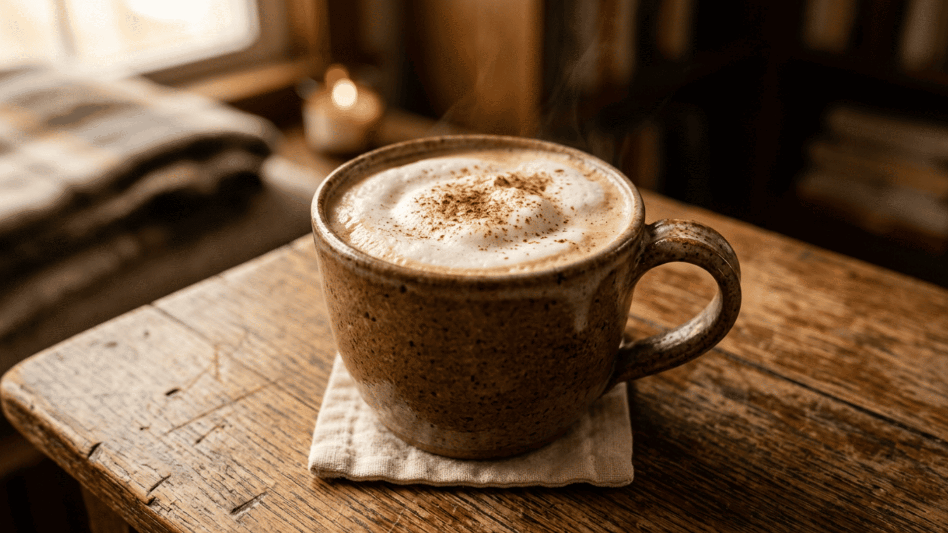 Maple Bourbon Coffee topped with whipped cream and cinnamon in a mug