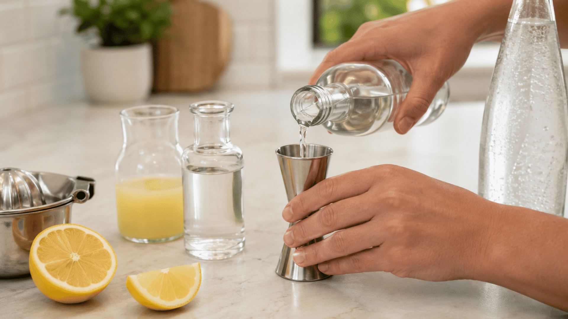 Hands measuring gin beside lemon juice, syrup, lemons, and club soda.