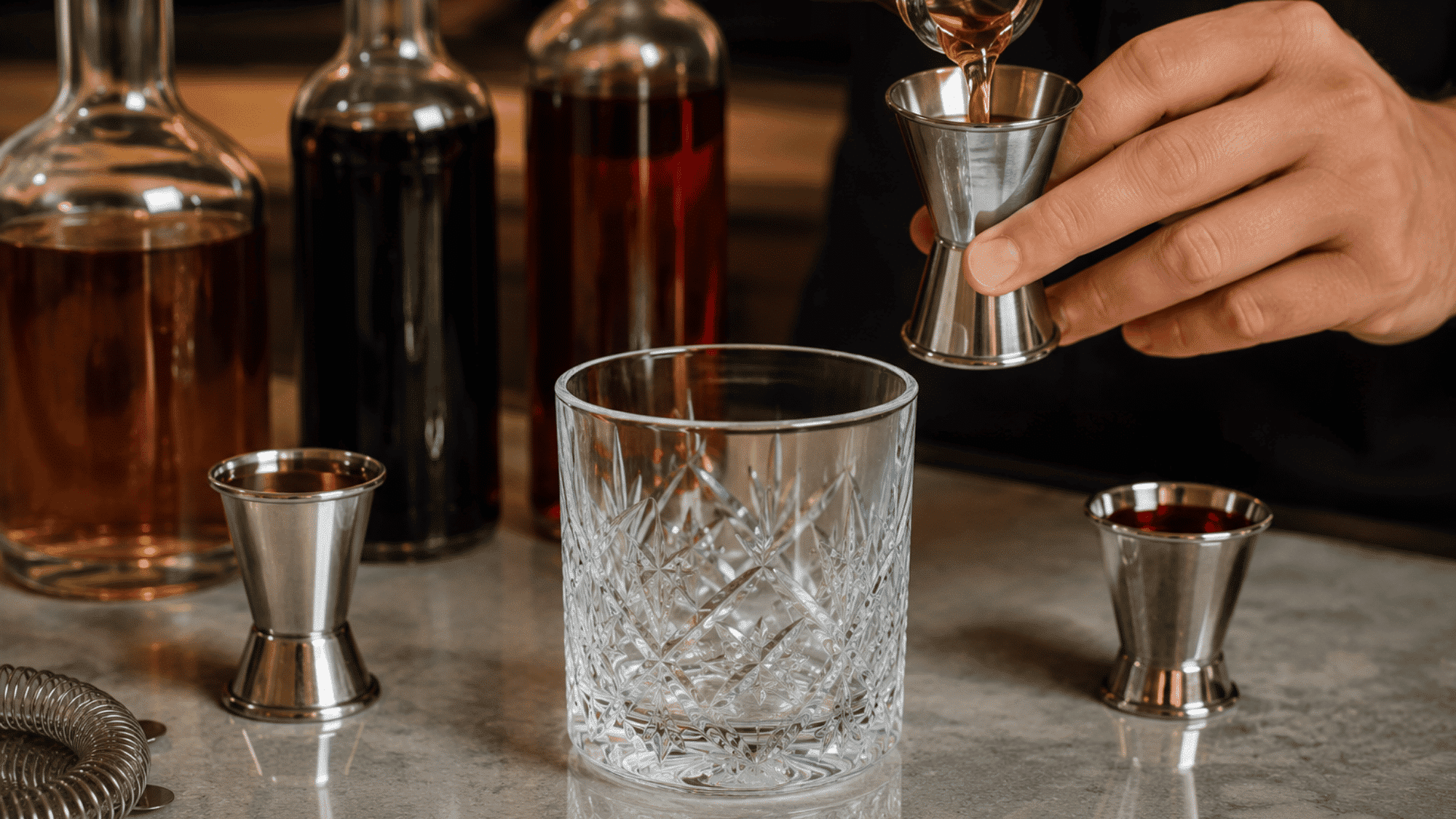 Bartender pouring liquor into a jigger beside a crystal mixing glass on a bar