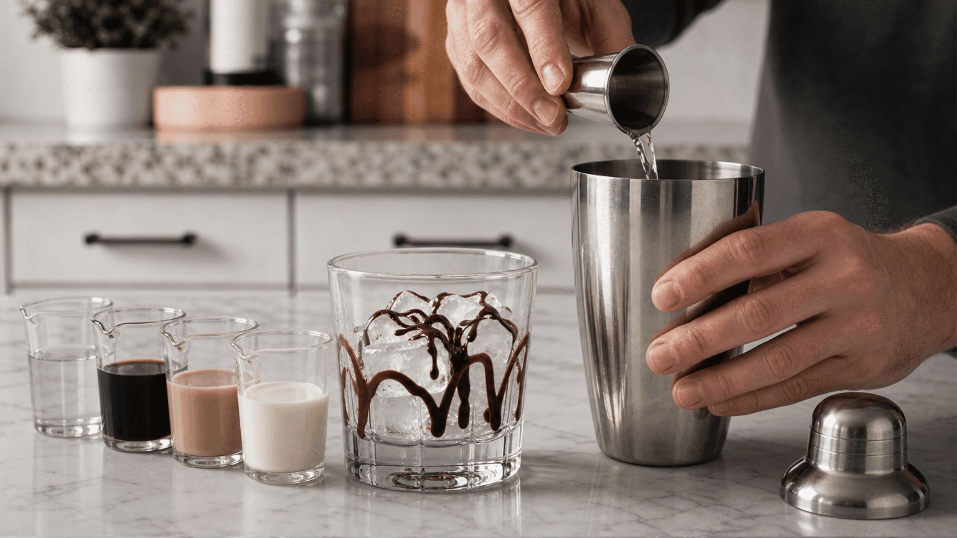 measured mudslide ingredients poured into a cocktail shaker beside an ice-filled glass
