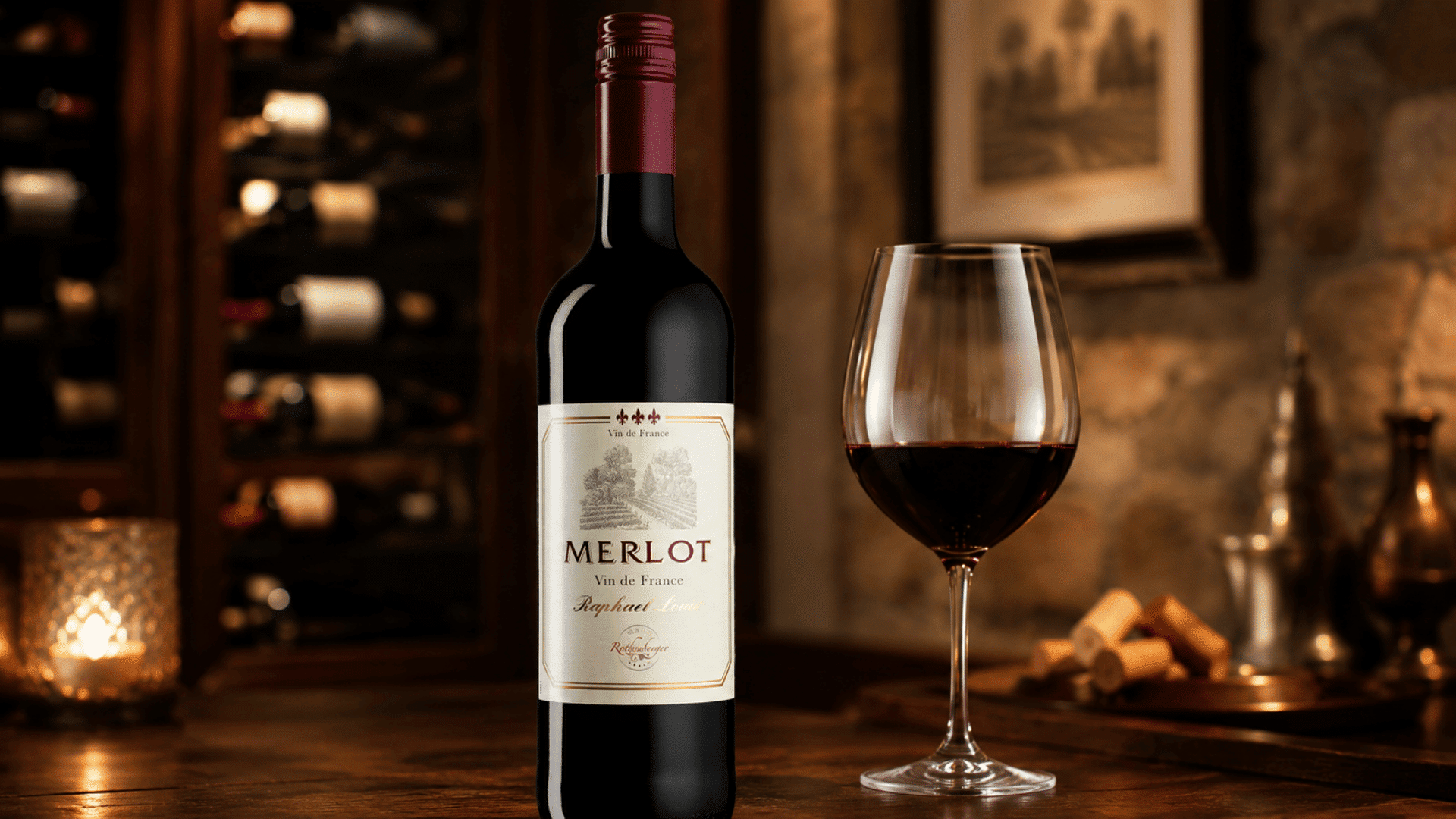 merlot wine bottle beside a filled red wine glass in a softly lit cellar setting