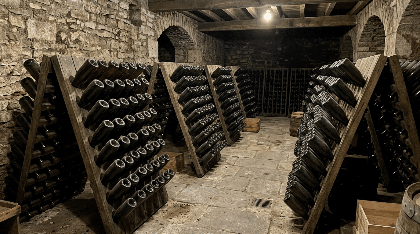wine bottles resting on riddling racks in a cellar for Metodo Classico fermentation