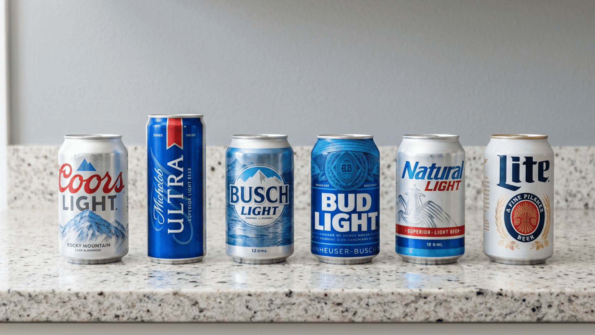 Michelob ULTRA can beside Coors Light, Busch Light, Bud Light, Natural Light and Lite cans displayed