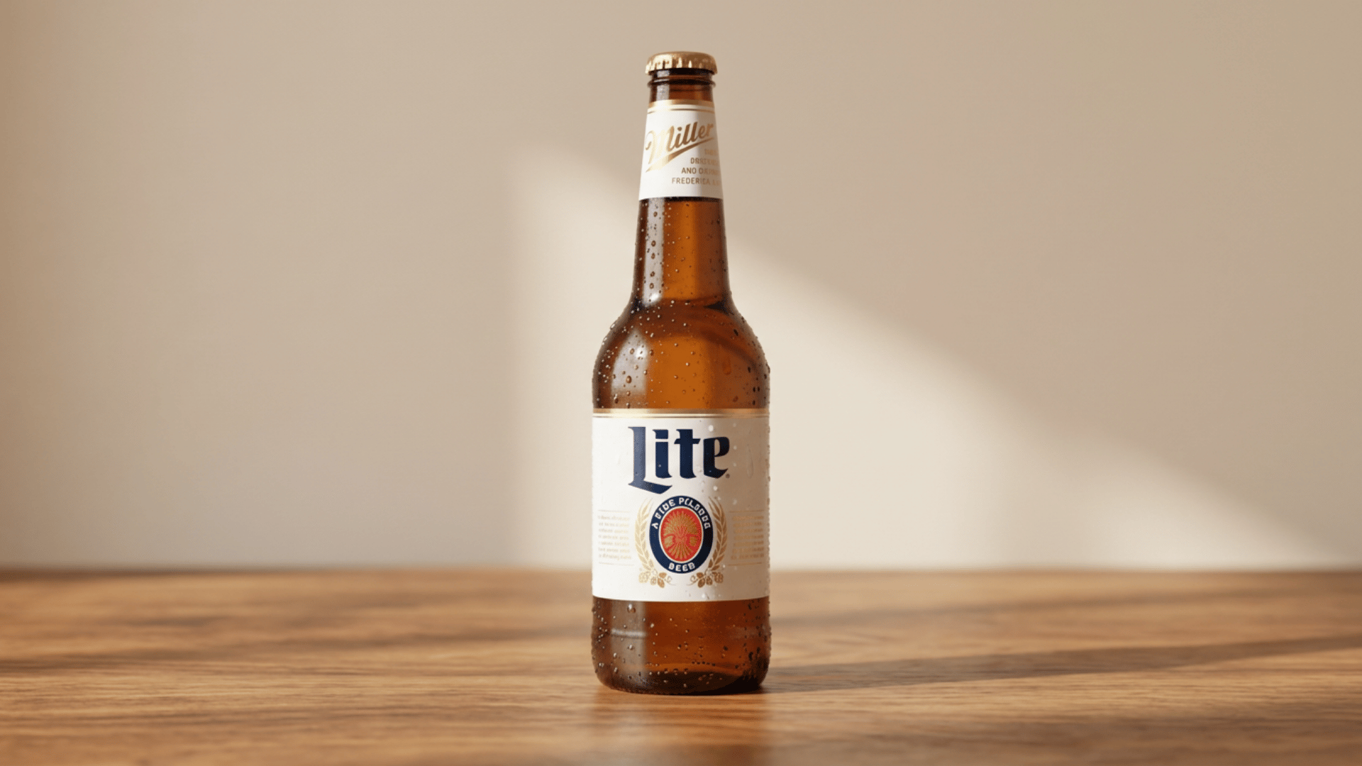 Miller Lite beer bottle with condensation on wooden table in warm setting.