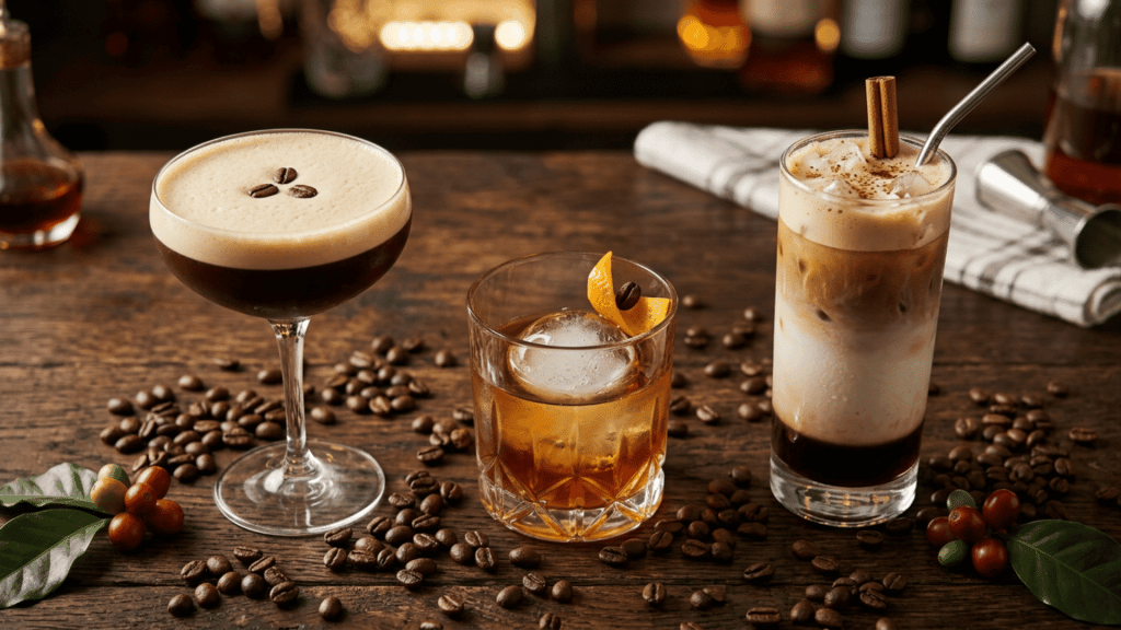 Modern coffee cocktails including espresso martini and old fashioned