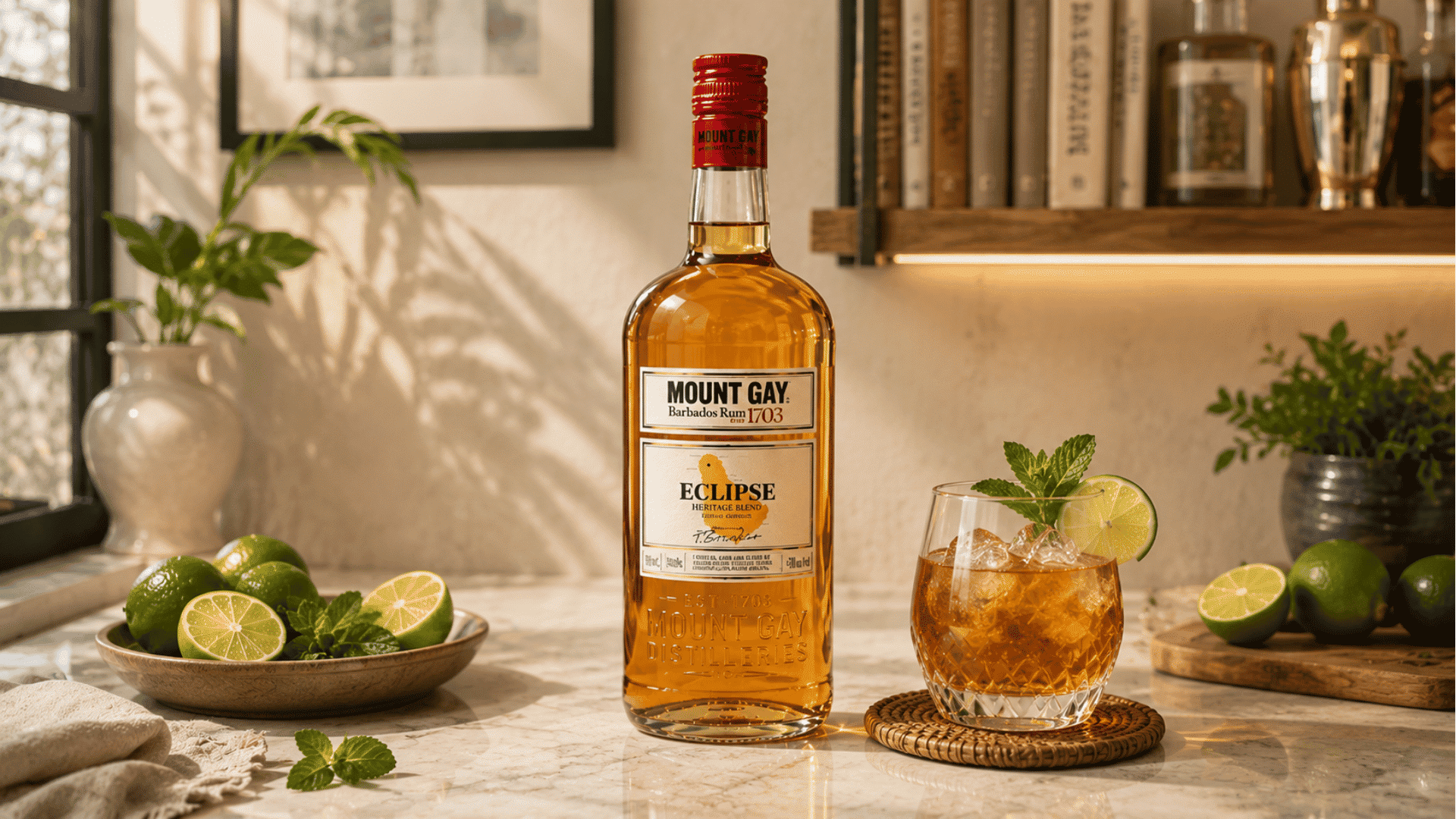 Mount Gay Eclipse rum bottle on a tropical tabletop with mojito, mint, and sliced limes.