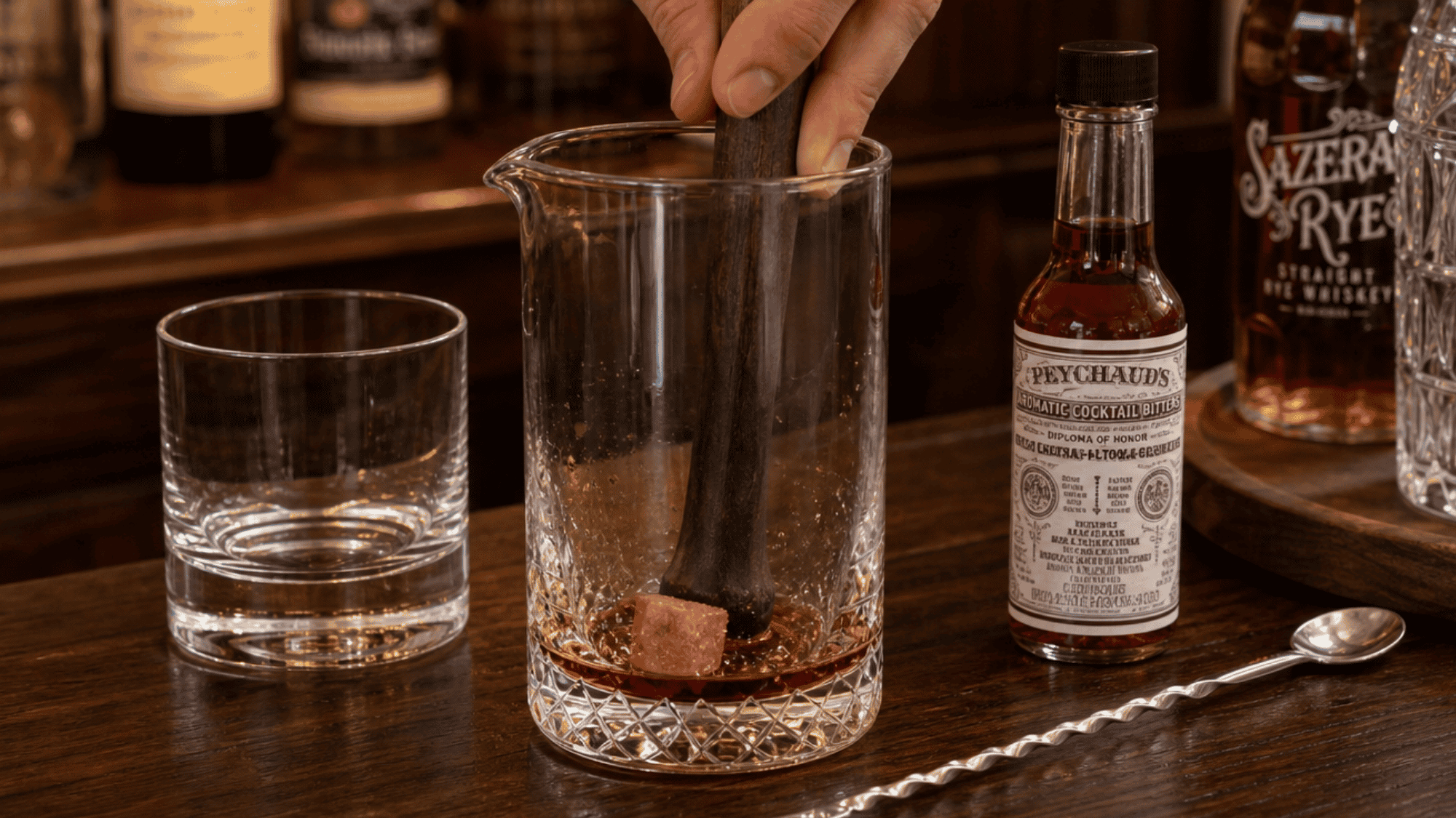 Hand muddling sugar and bitters in mixing glass beside rye whiskey for a <echighlighted><echighlighted><echighlighted>Sazerac cocktail</echighlighted></echighlighted></echighlighted>.