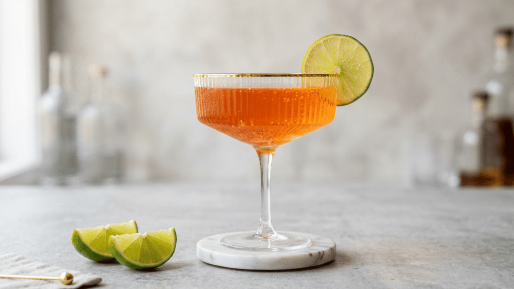 Naked and Famous cocktail with a foamy top and dried citrus wheel in a coupe glass.