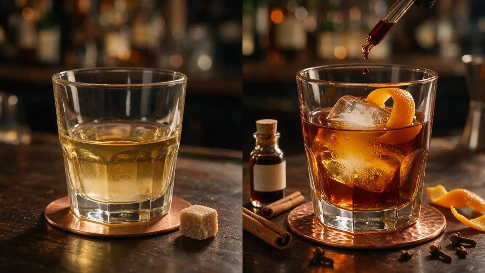 old fashioned before and after bitters, showing how a few drops add balance, depth, and structure to the cocktail