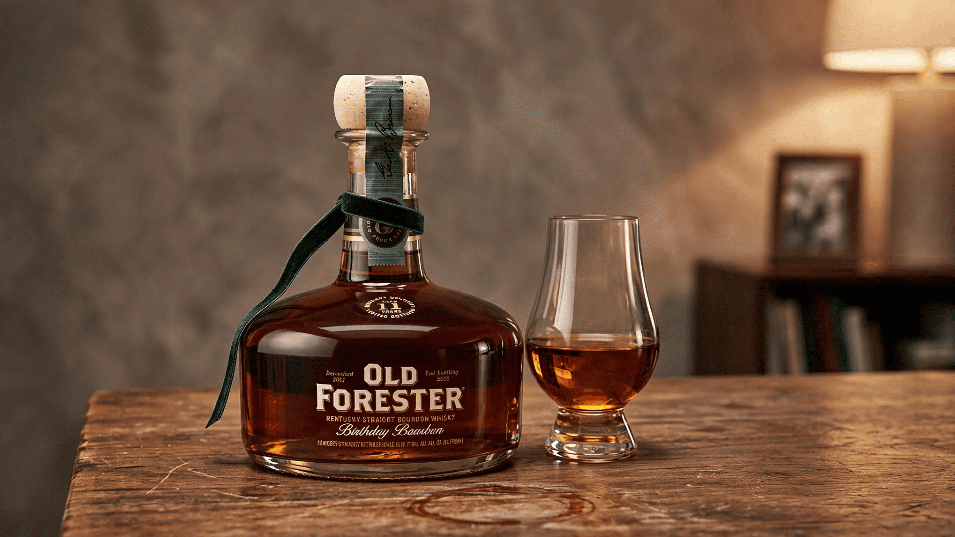 old forester birthday bourbon bottle with a corked top beside a glass in a cozy candlelit room