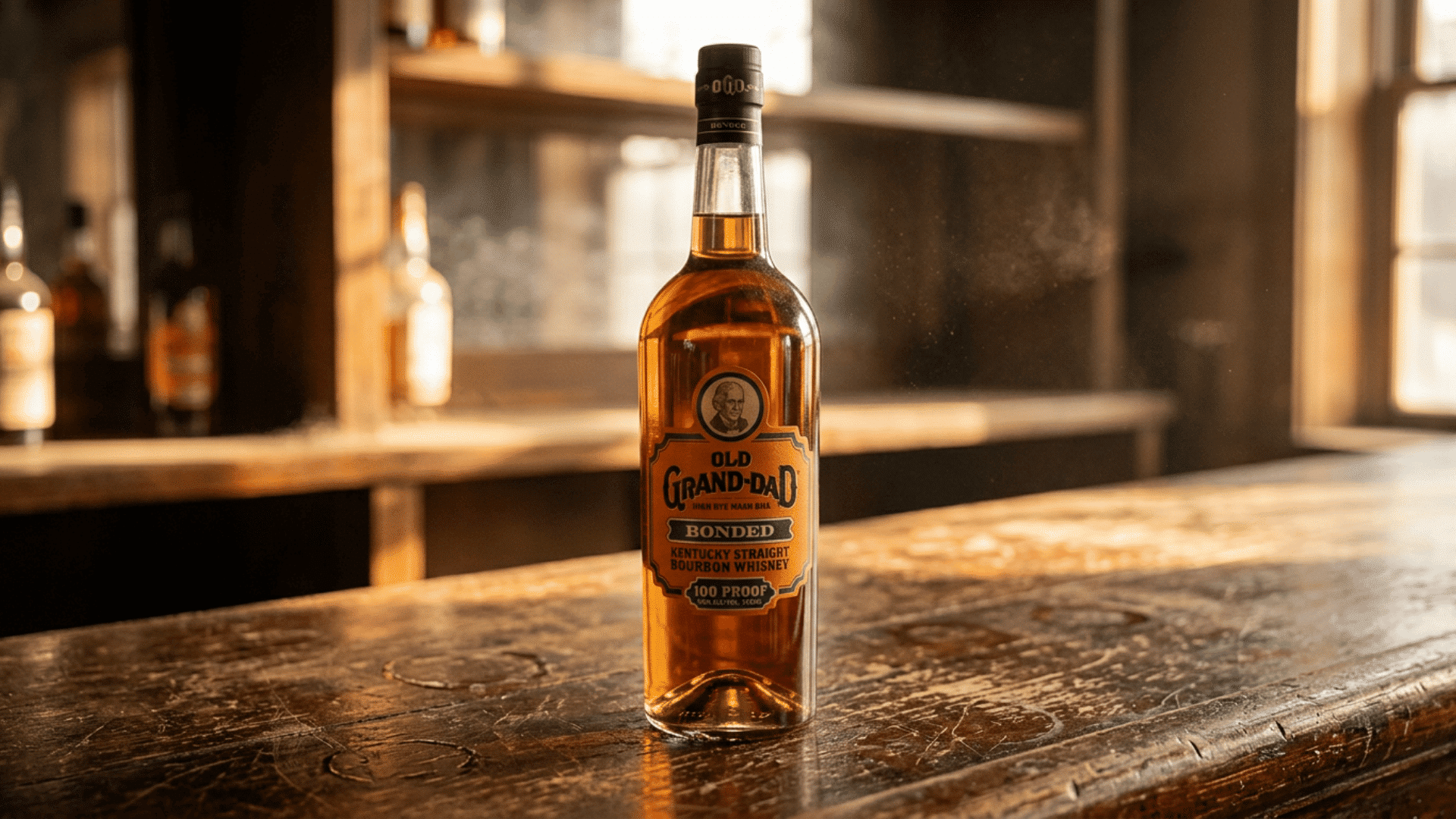 old grand dad bonded bourbon bottle standing on a rustic wooden bar counter in soft sunlight