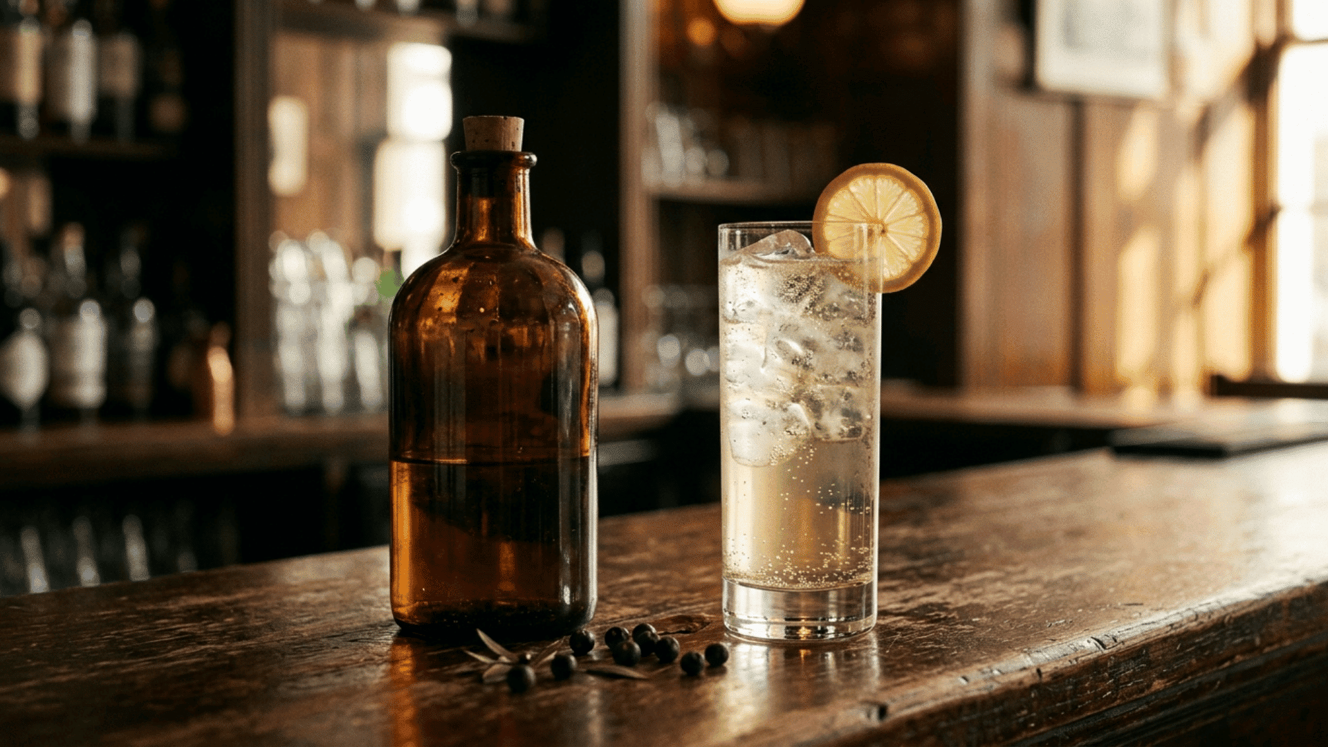 amber gin bottle beside a sparkling collins cocktail with ice and a lemon wheel