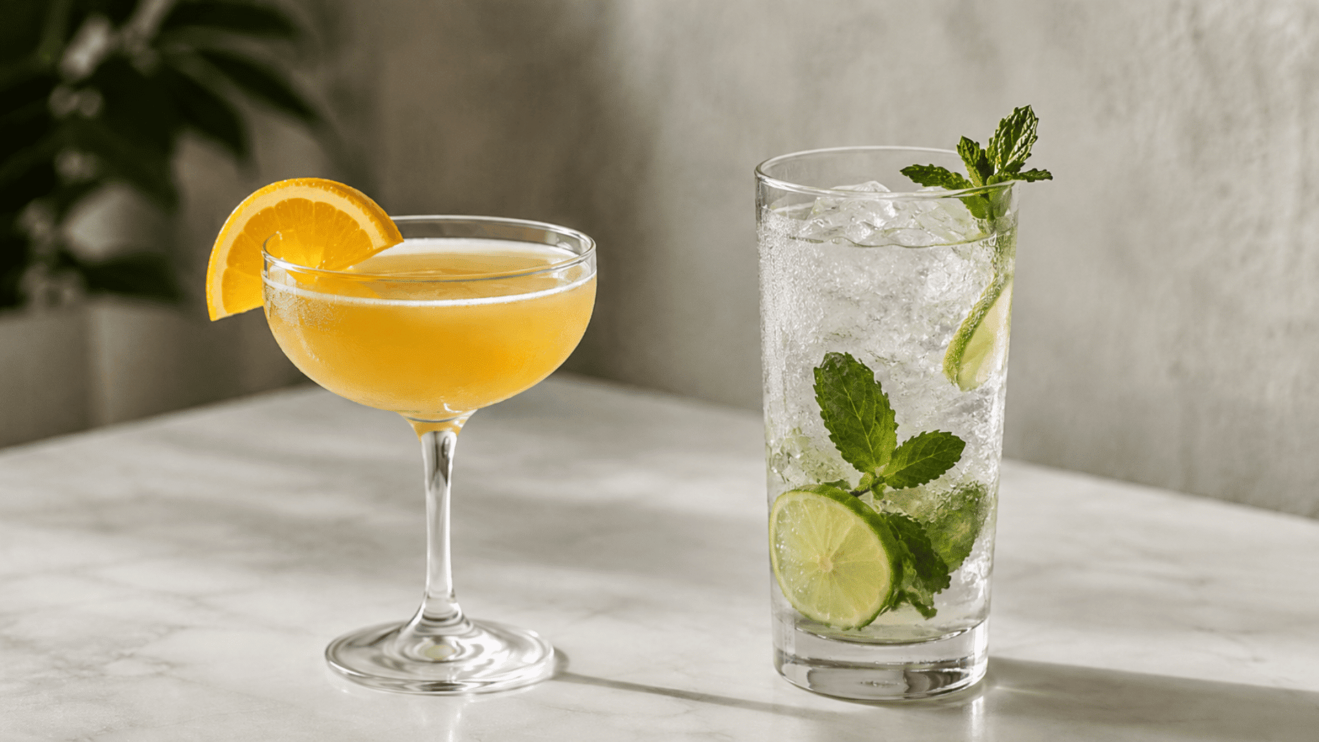 orange cocktail and mint lime mocktail served on a marble table