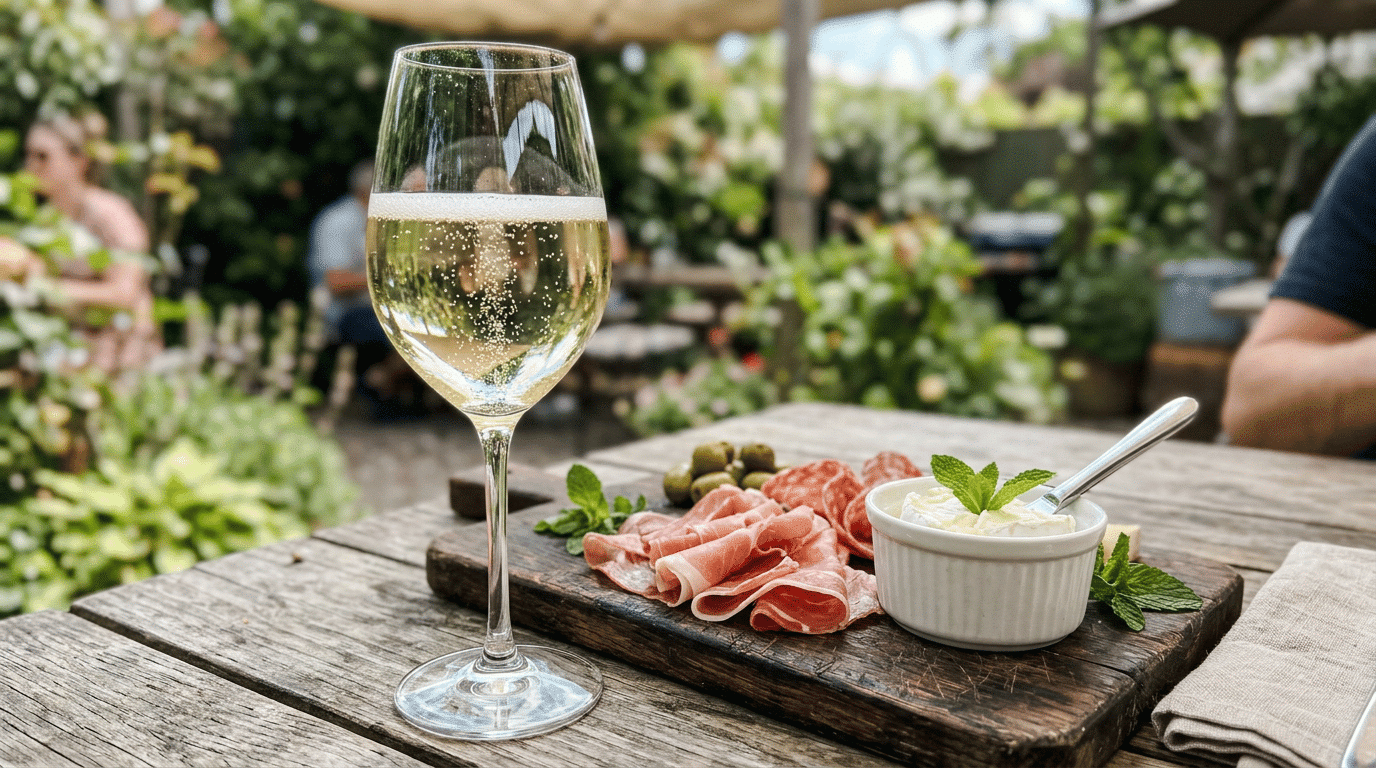 glass of sparkling wine beside a board of cured meats and cheese outdoors