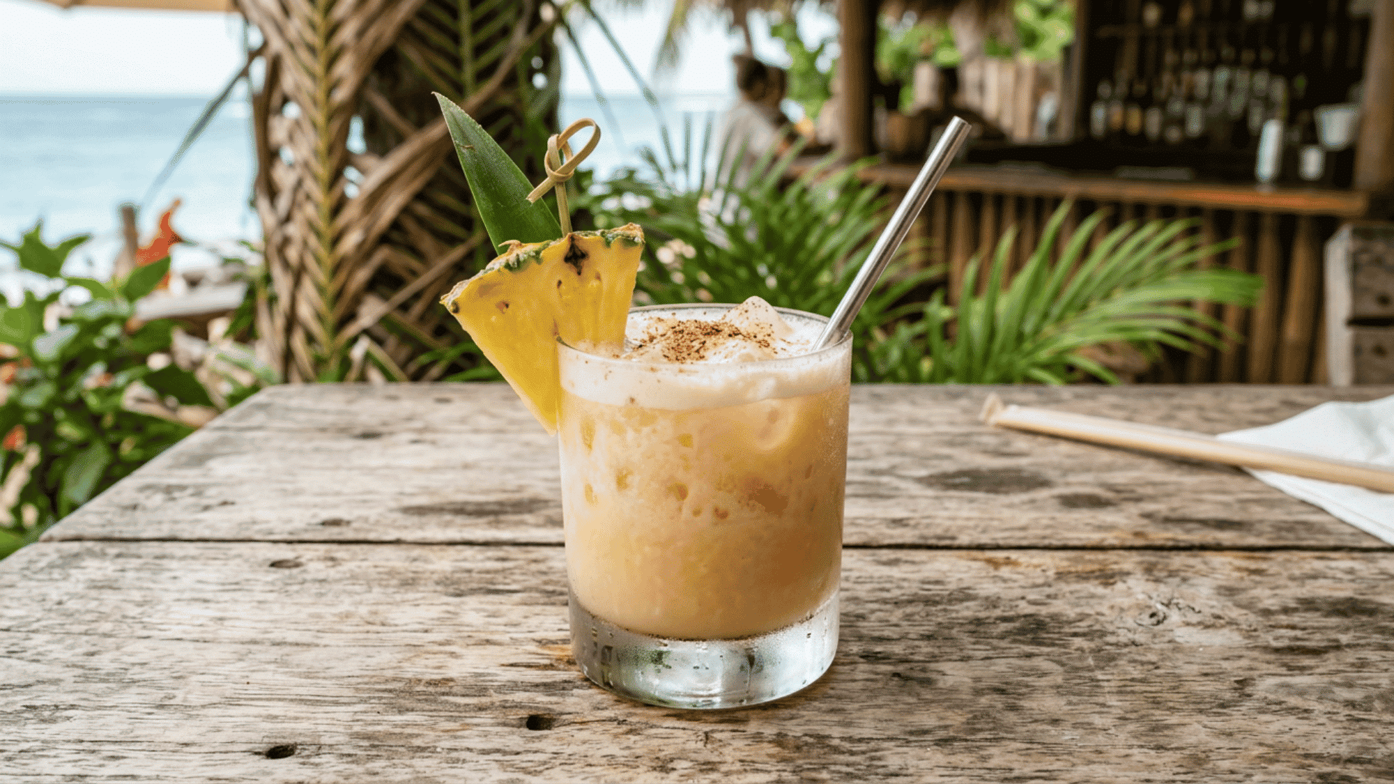 Painkiller cocktail with pineapple garnish and nutmeg served on a rustic beachside wooden table.