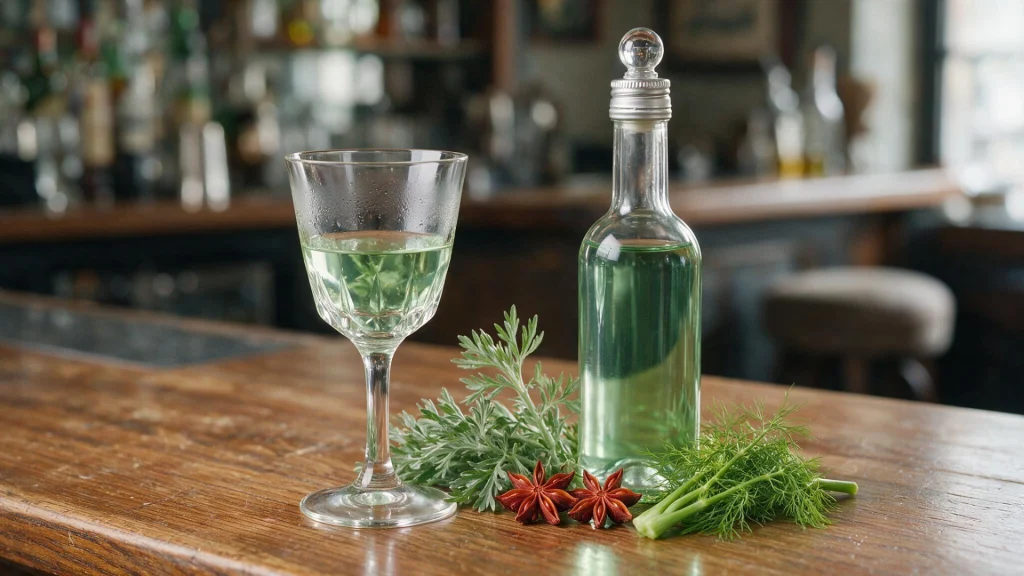 pale green absinthe in a glass beside a bottle with wormwood anise and fennel sprigs on a wooden bar counter