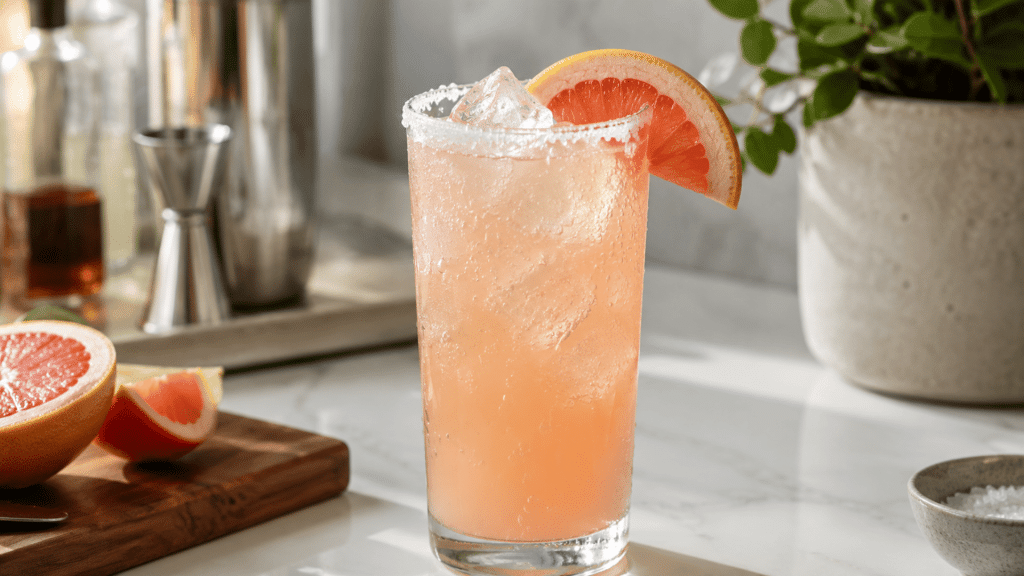 salt-rimmed paloma with ice and grapefruit garnish on a white countertop.