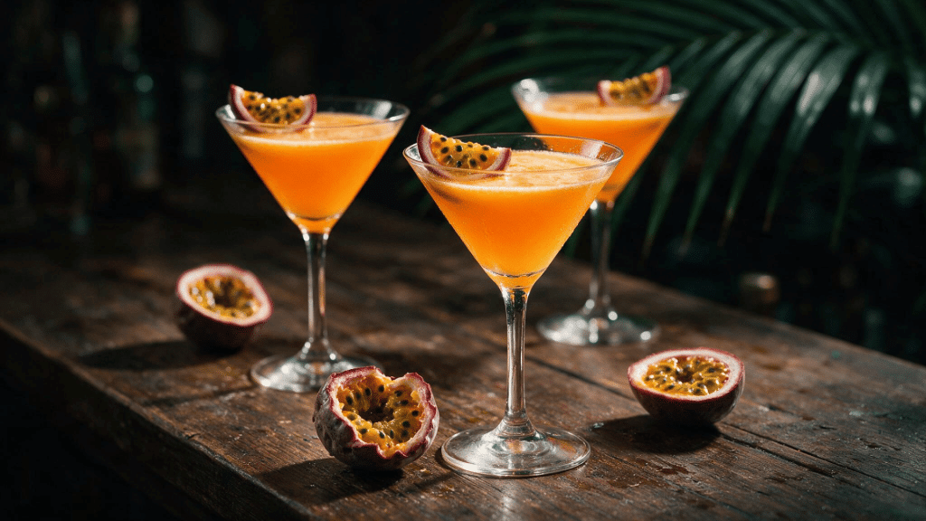 Three passion fruit martinis garnished with fresh passion fruit halves served on a rustic wooden table.