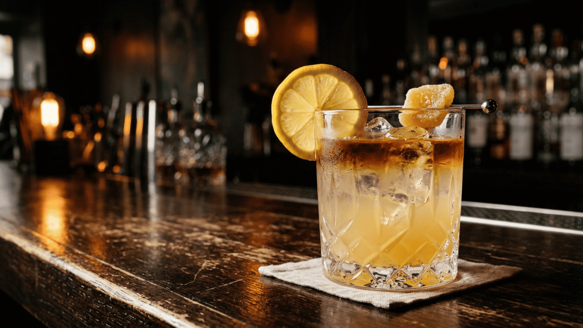 Penicillin cocktail with lemon over fresh ice