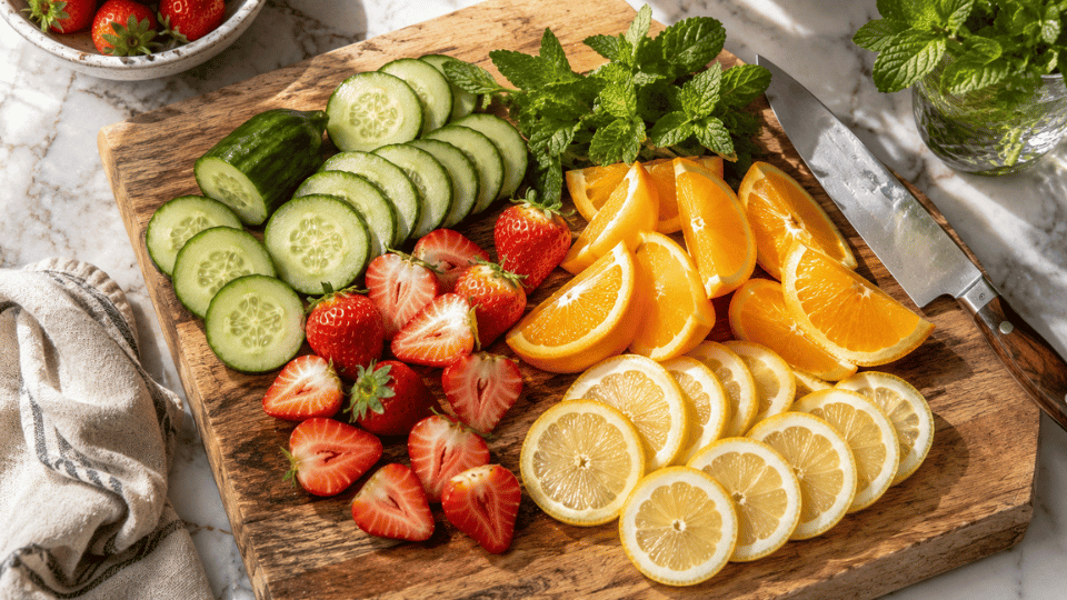 Sliced oranges, lemons, strawberries, cucumber, and fresh mint arranged on a wooden cutting board