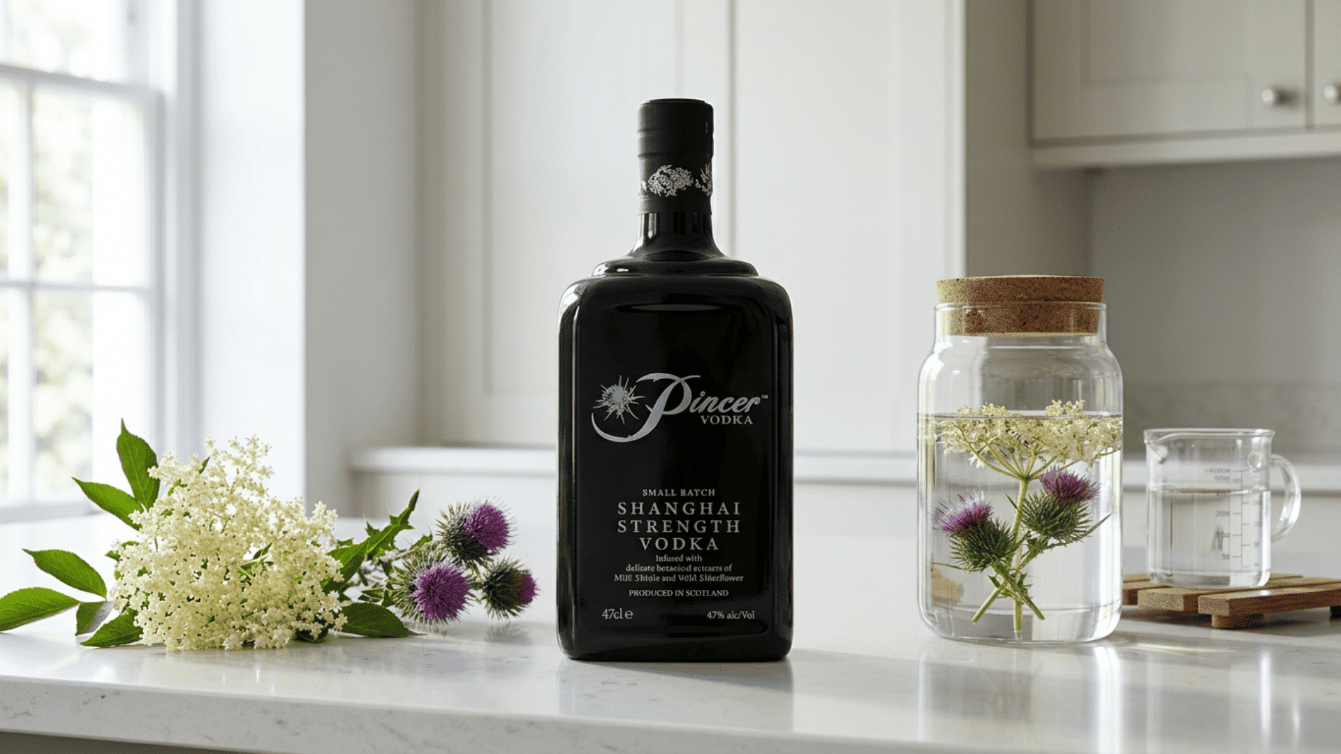 pincer vodka bottle with elderflowers, thistles and infusion jar in a kitchen