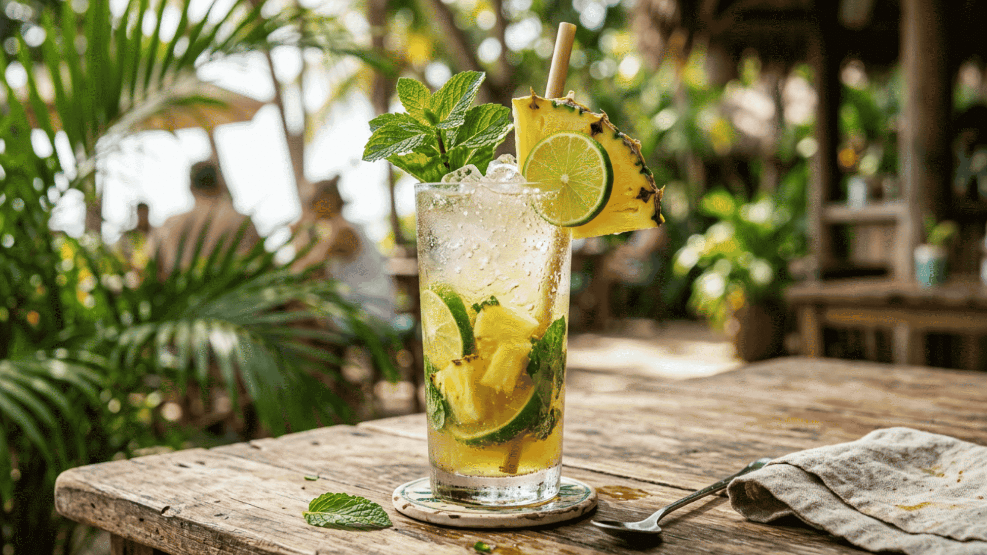 Pineapple mojito with fresh mint, lime, and pineapple served over ice at a tropical beachside bar.