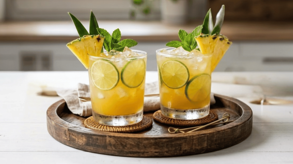 two pineapple rum cocktails with lime slices and pineapple garnish on wooden tray