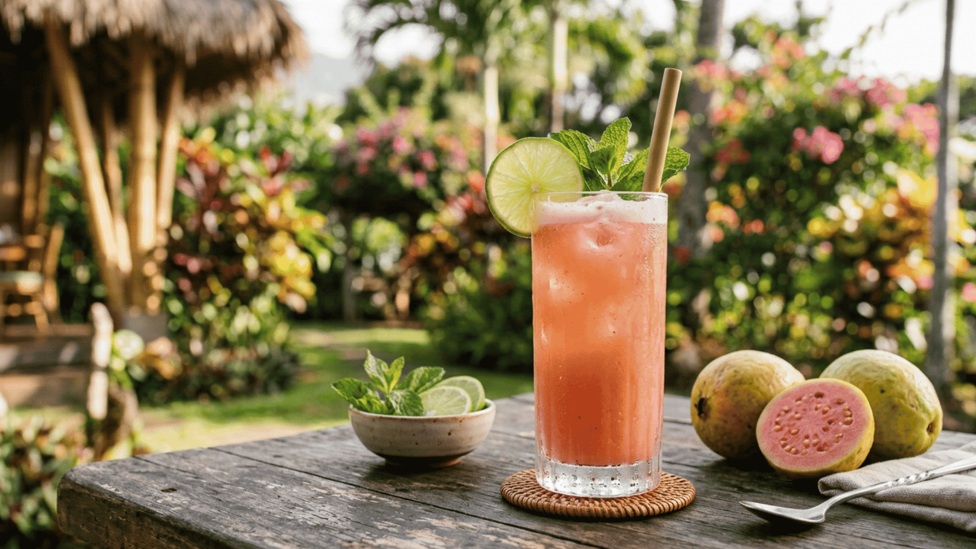 Pink guava rum cooler with lime and mint garnish served beside fresh guavas in a tropical garden.