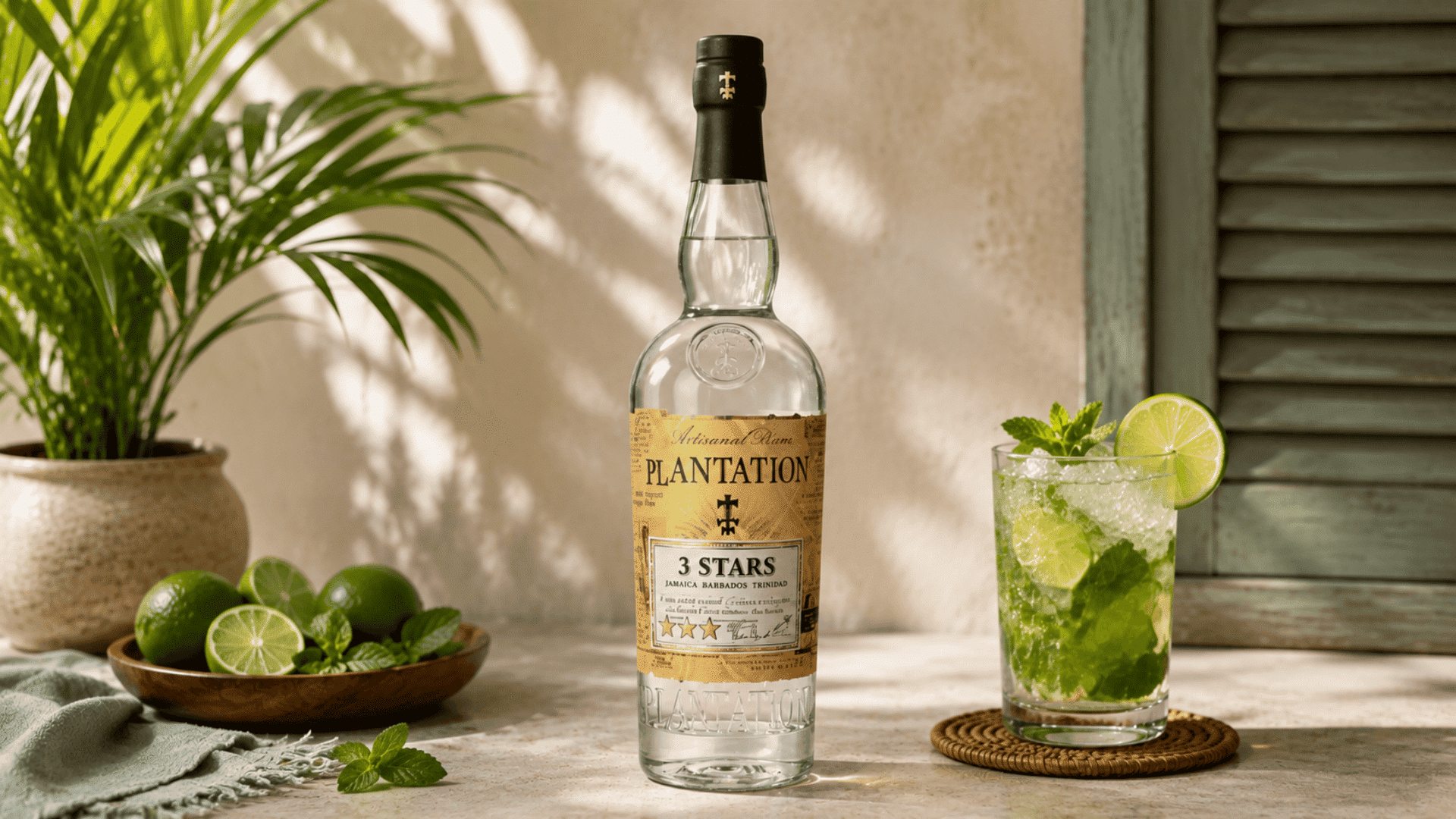 Plantation 3 Stars rum bottle with mojito, fresh mint, and limes in a tropical backdrop.