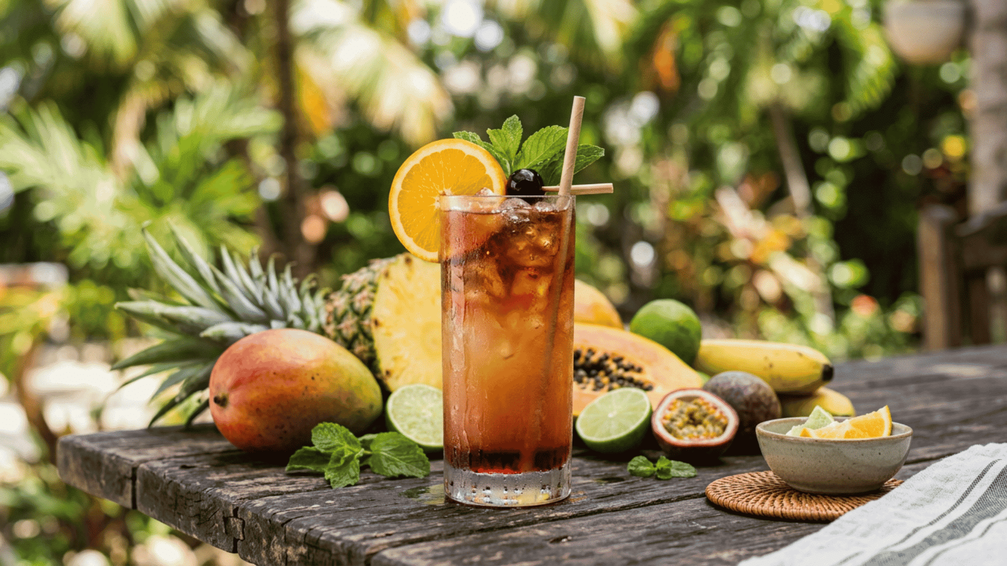 Planter's Punch with orange, mint, and cherry garnish surrounded by tropical fruits on a rustic table.