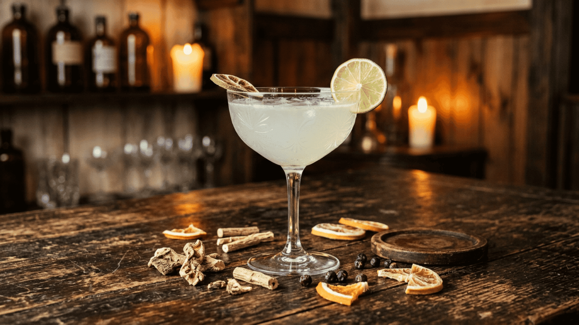 clear gin bottle beside a chilled coupe cocktail with lemon peel and a few juniper berries