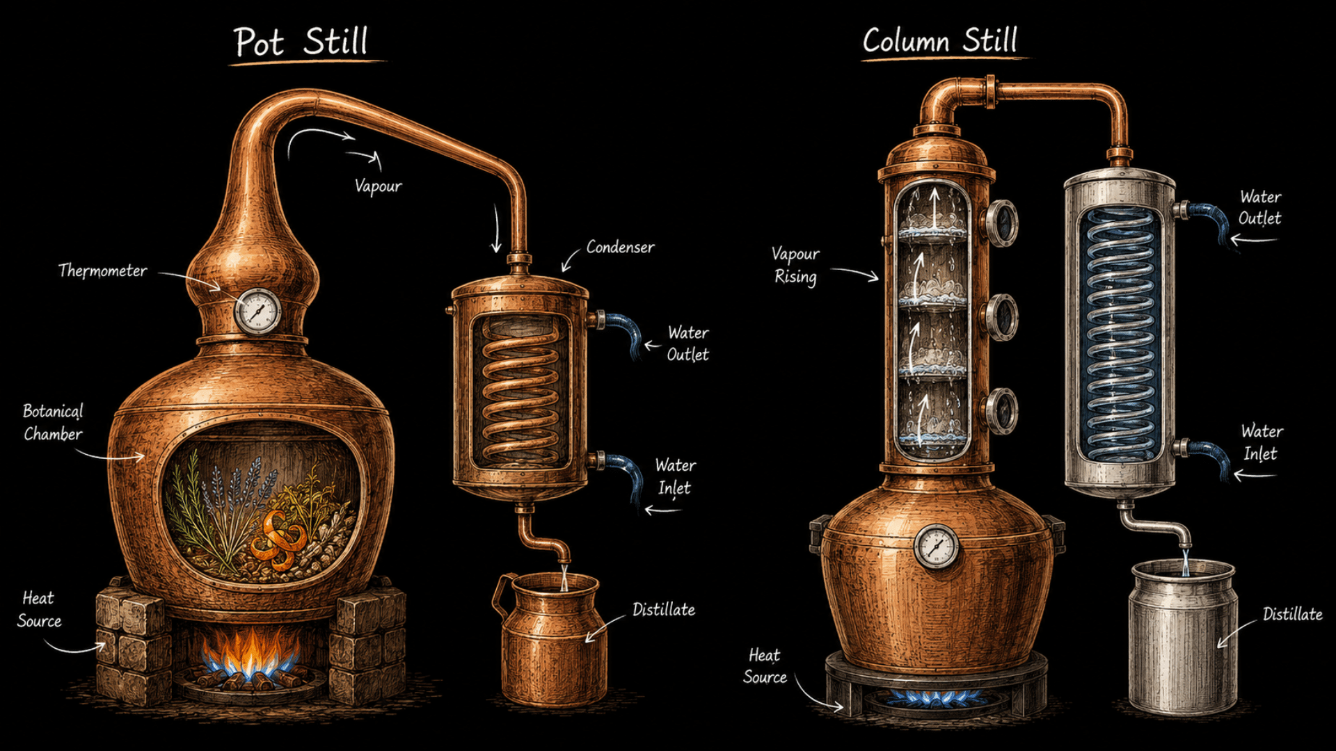 Vintage infographic comparing a pot still and column still with labeled parts on a black background