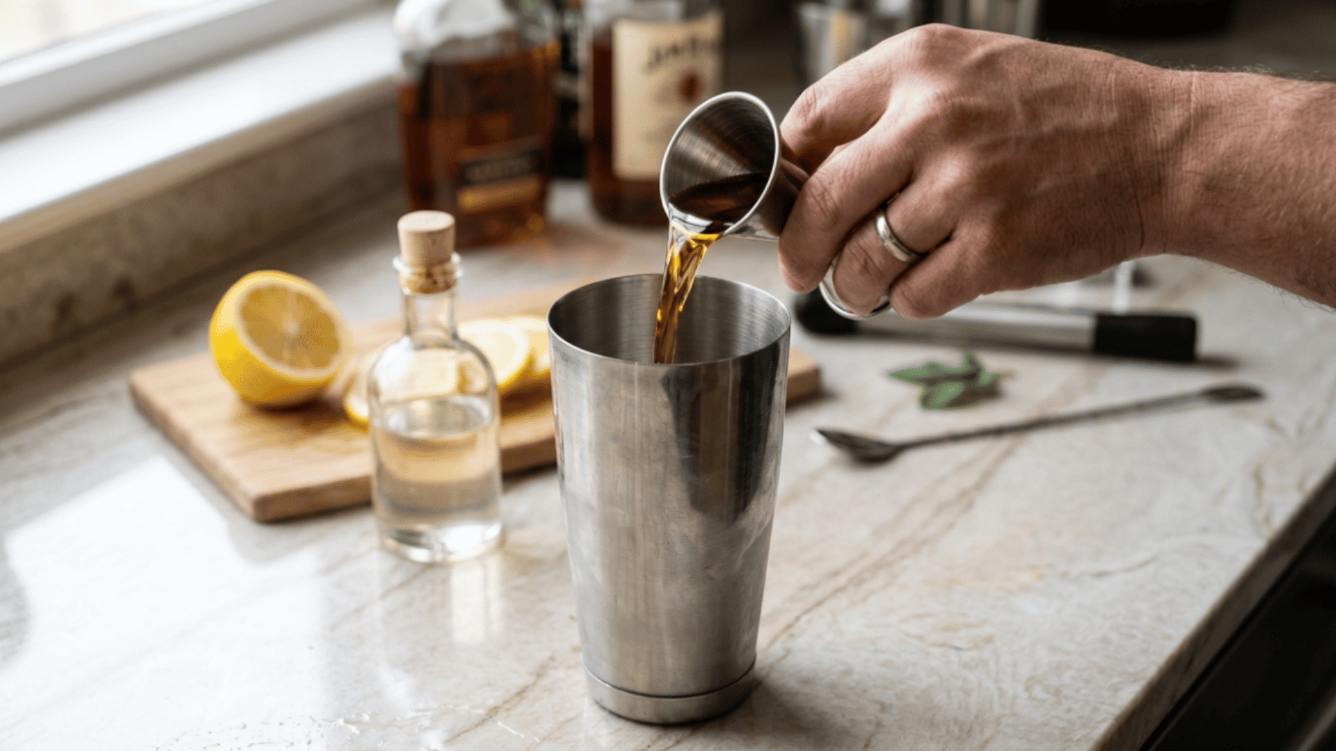 hand pours measured bourbon into a shaker with lemon juice and syrup