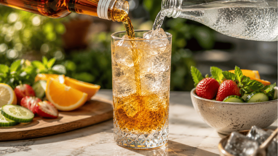 Pouring Pimm's No. 1 and sparkling lemonade into an ice-filled Collins glass with fresh fruit nearby
