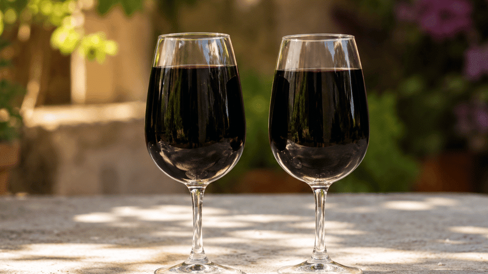Two glasses of dark red vermouth on a sunlit outdoor table with a blurred garden background