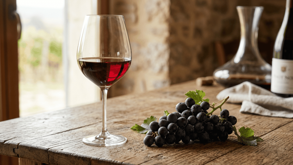 red wine glass with dark grapes on a rustic wooden table near a window