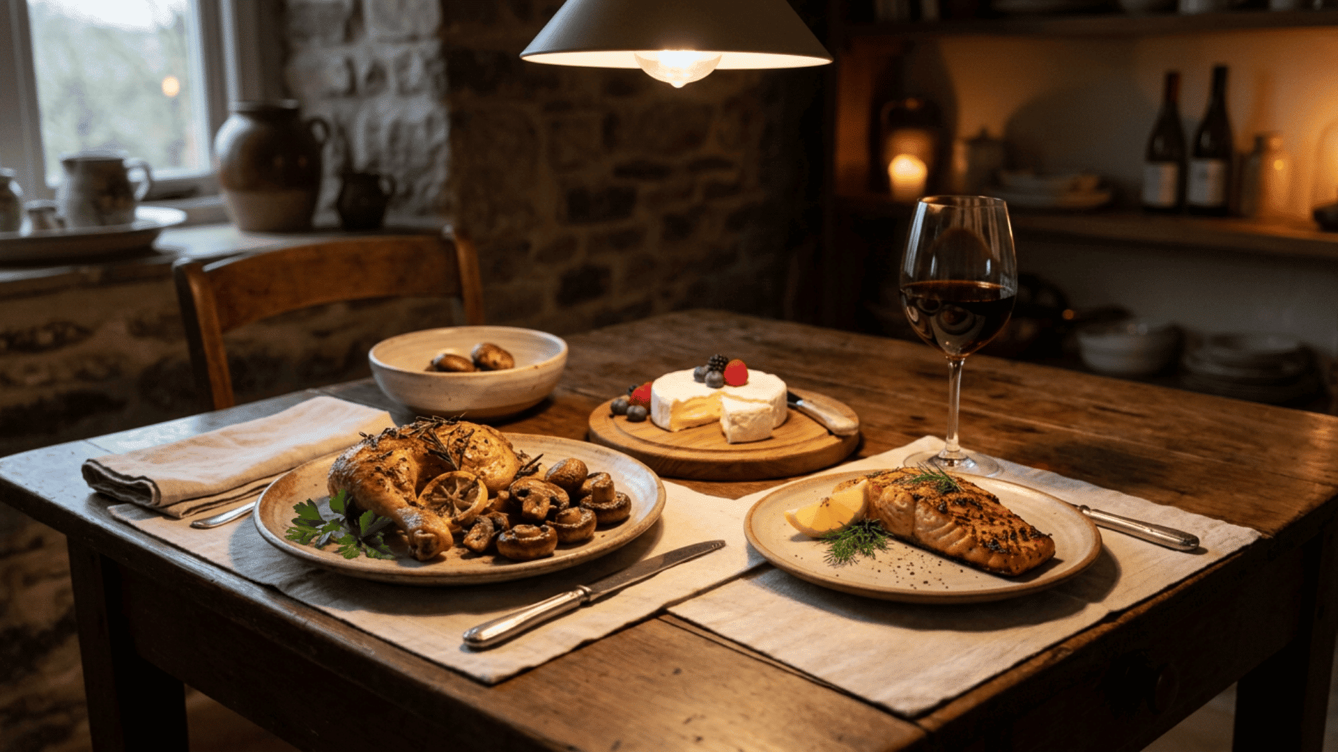 Red wine served with roast chicken, bread, and cheese on a warm dining table setting.