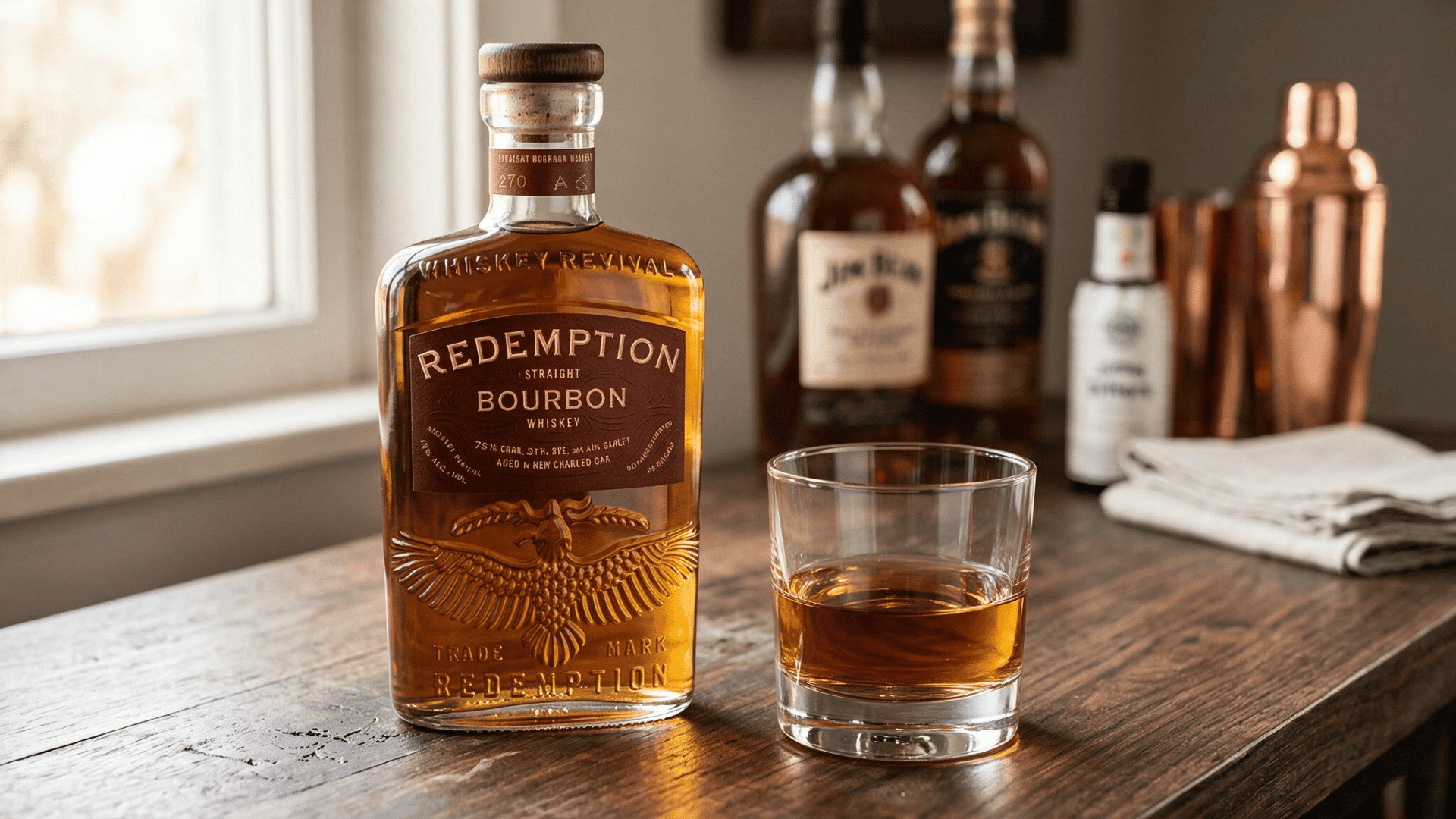 redemption bourbon bottle beside a poured glass with bottles blurred in the sunlit background