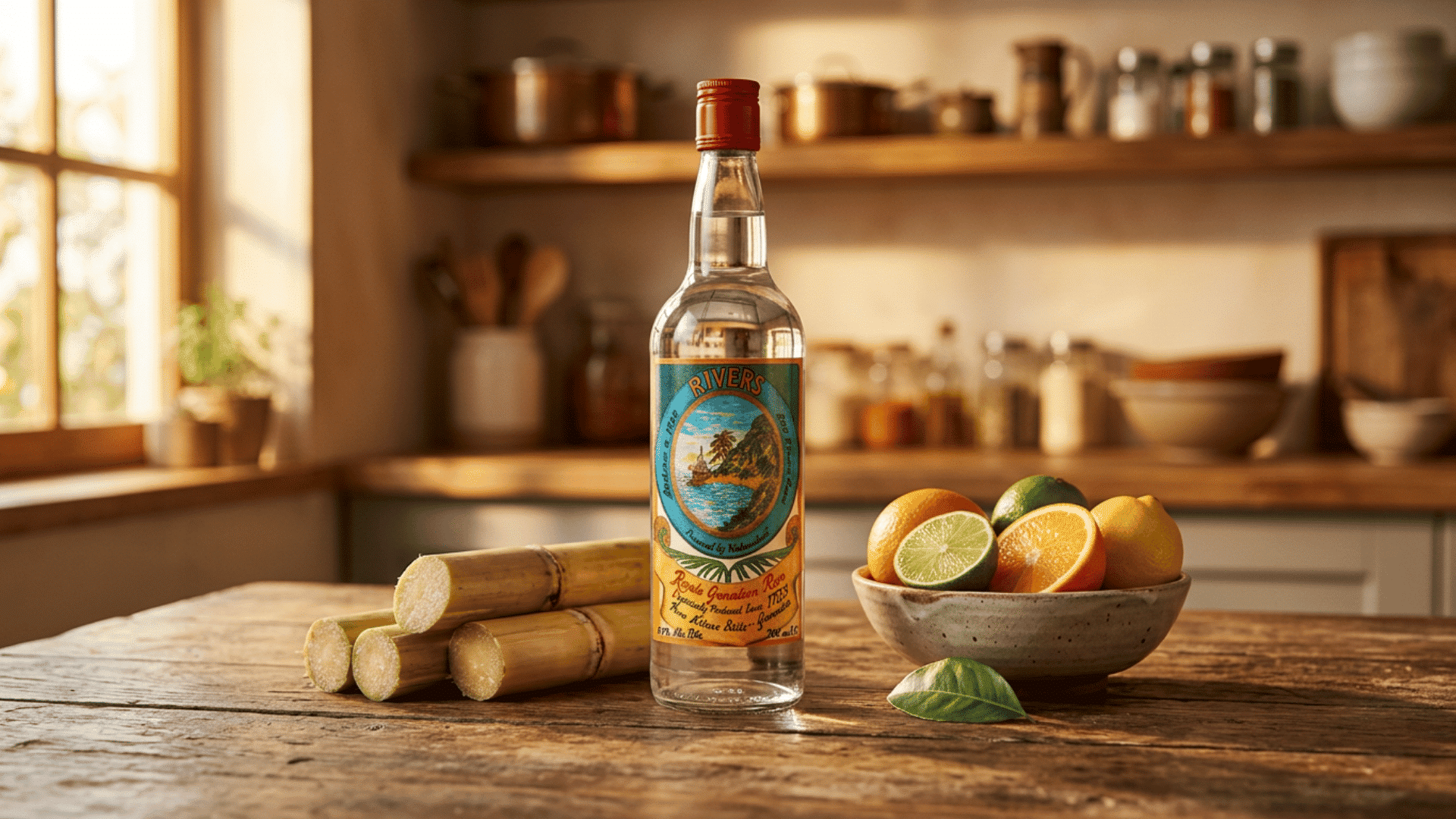 river antoine rum bottle with sugarcane and citrus fruit on a wooden table