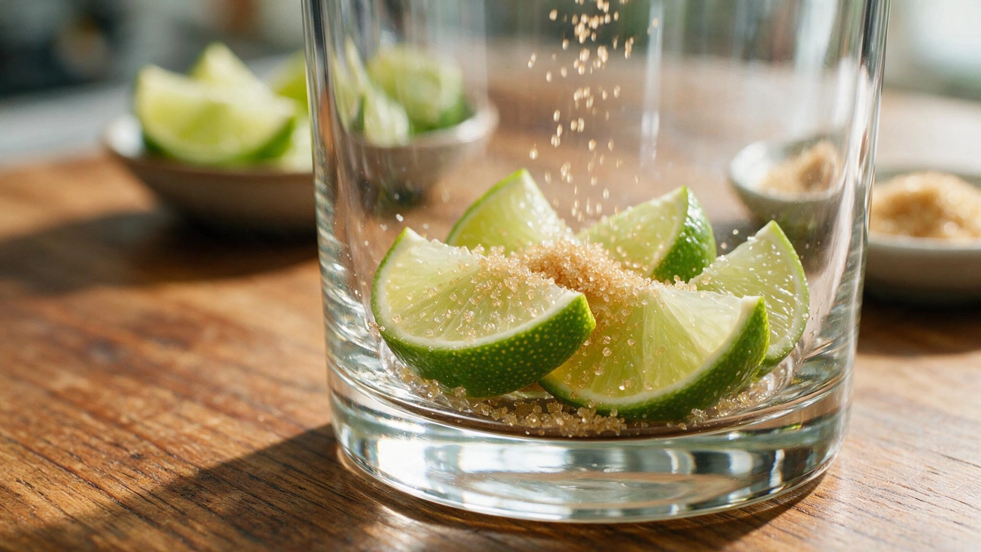 rocks glass with fresh lime wedges topped with coarse sugar ready for muddling on a wooden countertop