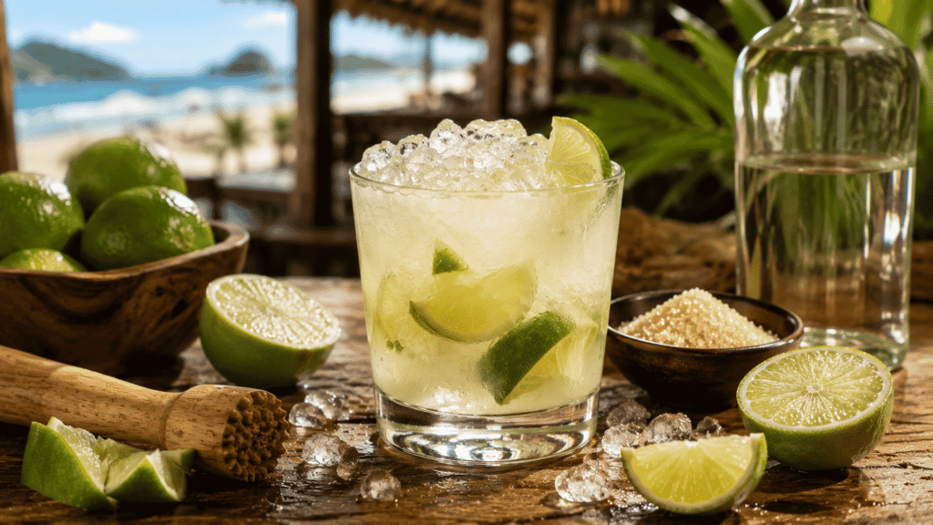 rocks glass with muddled lime wedges sugar and crushed ice on a wooden counter