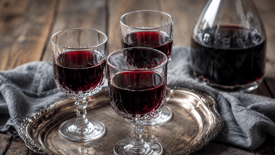 Three crystal glasses of ruby port wine arranged on a vintage silver tray beside a decanter