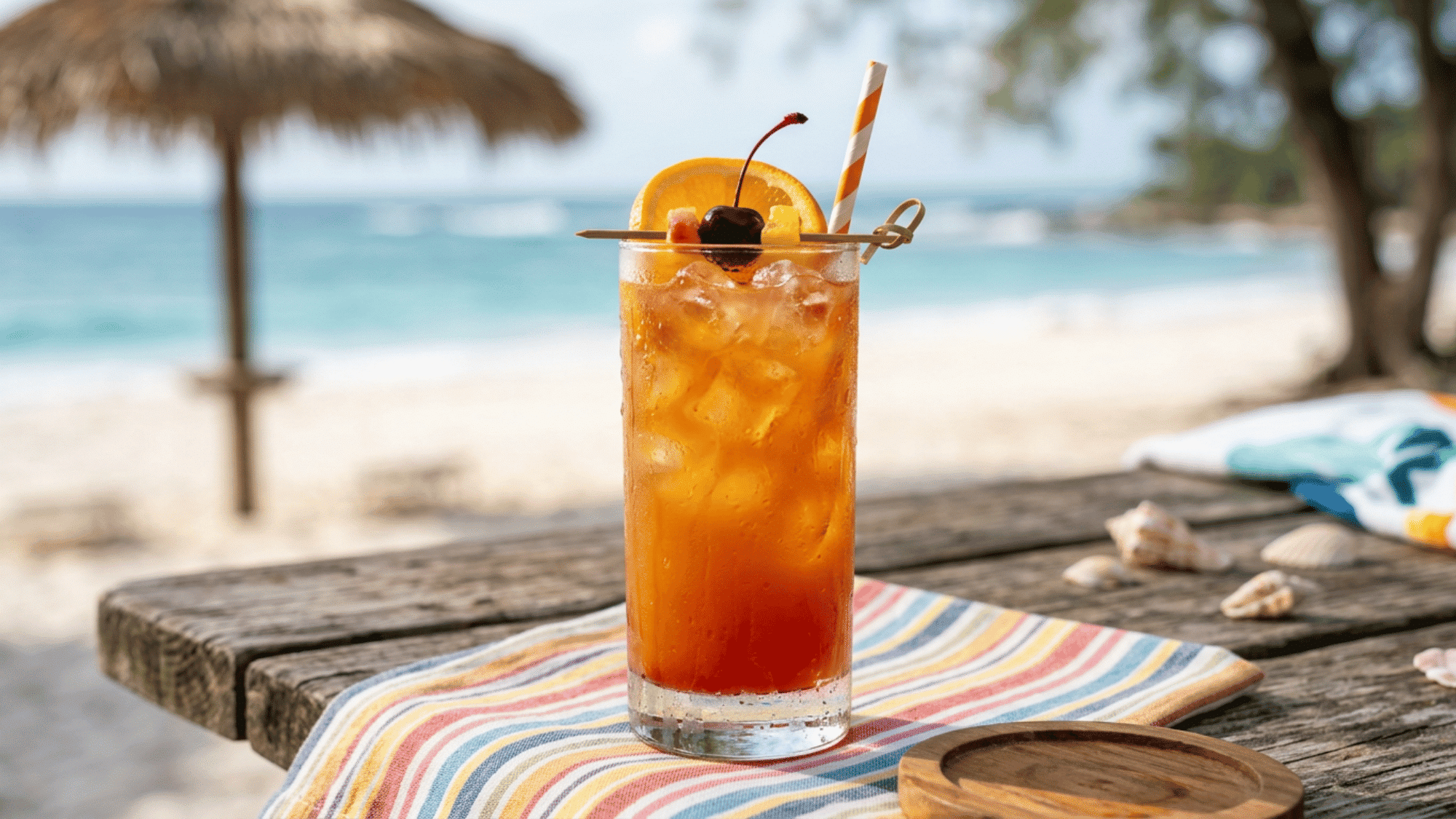 Rum Punch cocktail with orange and cherry garnish on a rustic beachside table overlooking the ocean.