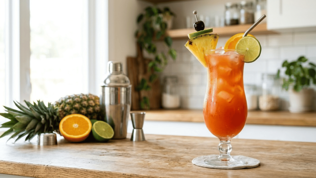 classic rum punch in a hurricane glass with ice, pineapple, orange, lime, and cherry garnish on a wooden kitchen counter